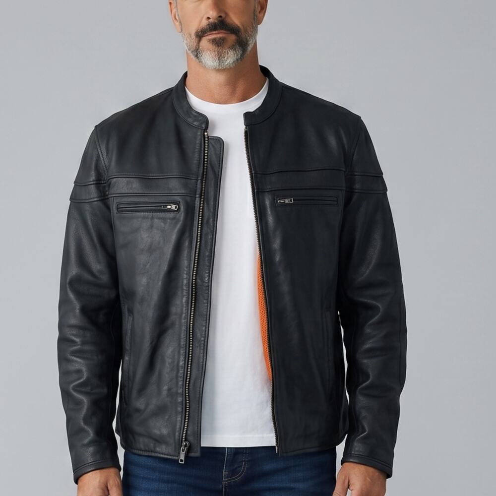 Mens Leather Jacket Size XXL Black Orange Breathable Motorcycle Biker Mesh Coat